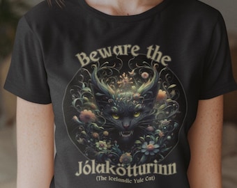 Yule Cat Shirt | Jólakötturinn Icelandic Folklore Tee | Gothic Christmas Gift for Cat Lover | Whimsigoth Winter Solstice Shirt