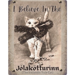 Kunst Metallschild, Isländischer Julfest Kater Krampus, Jólakötturinn alter Postkartendruck, nordisches Mythos-Dekor, Wandbehang, Weihnachtsgeschenk