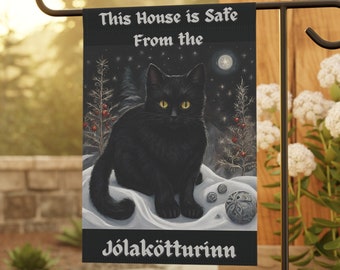 Yule Cat Garden Flag, Black Cat flag, Cat Lover gift Black Cat Lover Gift, Christmas flag, Norse Myth Jólakötturinn