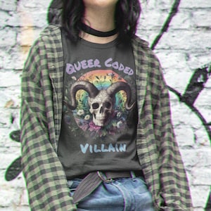 Queer Coded Villain WhimsiGoth Pride Shirt |Rainbow Skull  Tee - Gothic Botanical Art - LGBTQ+  Clothing | Gay Pride