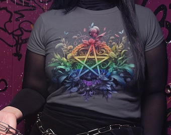 Pride Rainbow Pentagram T-Shirt - Mystical LGBTQ+ Symbol Tee - Queer Pagan Floral Gothic Top