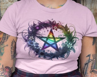Pride Rainbow Pentagram T-Shirt - Mystical LGBTQ+ Symbol Tee - Queer Pagan Floral Gothic Top