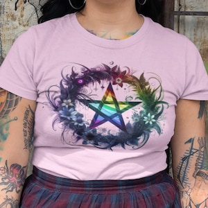 Pride Rainbow Pentagram T-Shirt - Mystical LGBTQ+ Symbol Tee - Queer Pagan Floral Gothic Top