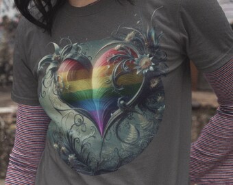 Whimsigoth Pride T-Shirt: Rainbow Heart Gothic Botanical Art