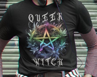 Queer Witch Rainbow Pentacle Pride T-Shirt - Mystical LGBTQ Symbol Tee - Queer Pagan Floral Gothic Top; Comfort Colors Gay Pride; Goth Pride