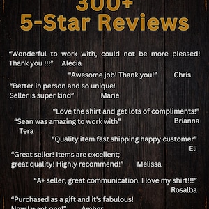 May include: Image featuring the text "The Yule Cat Emporium" with gold stars and the words "300+ 5-Star Reviews." Includes customer testimonials praising the seller's quality, communication, and fast shipping. The background is a dark wood texture.