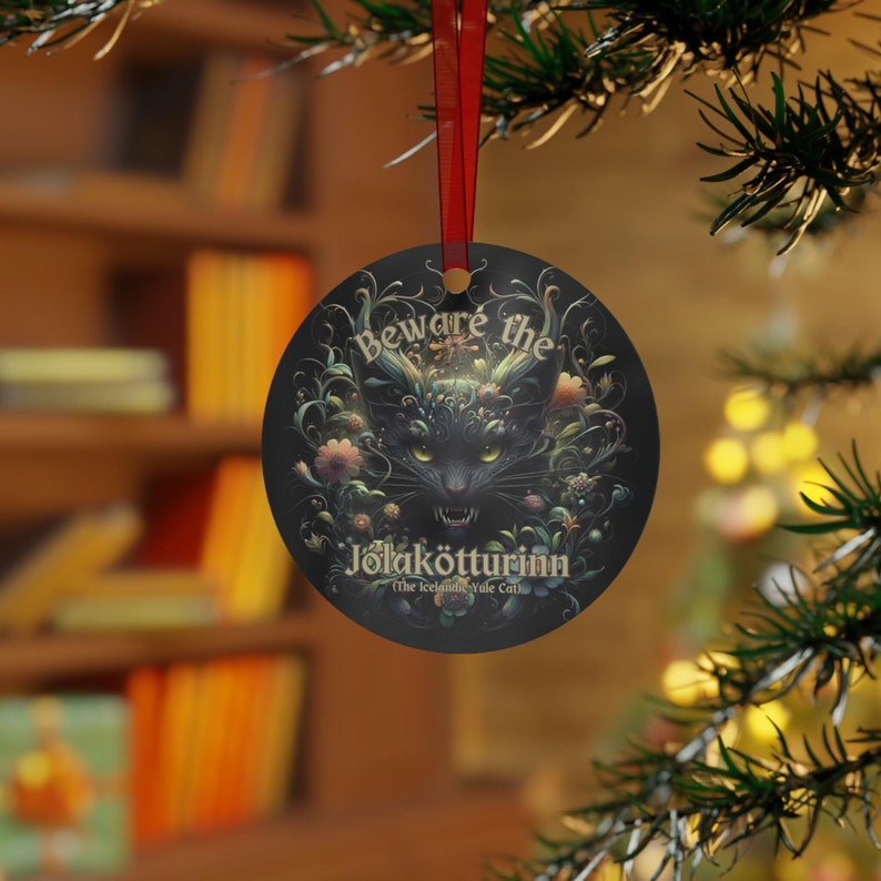 Beware the Yule Cat Ornament, Whimsigoth Aesthetic, Fierce Cat Image, Icelandic Holiday Decor, Christmas Decor, Metal Jólakötturinn ornament image 1