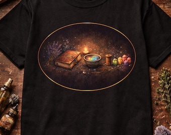 Op de afbeelding: Zwart t-shirt met een ovaal ontwerp met een mystiek thema. Het ontwerp bevat een brandende kaars, een boek, een kom met kleurrijke inhoud en garenklosjes. Het shirt is gemaakt van een zacht materiaal.