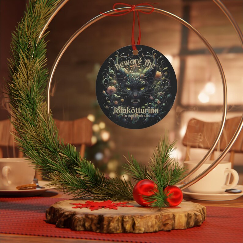 Beware the Yule Cat Ornament, Whimsigoth Aesthetic, Fierce Cat Image, Icelandic Holiday Decor, Christmas Decor, Metal Jólakötturinn ornament image 2