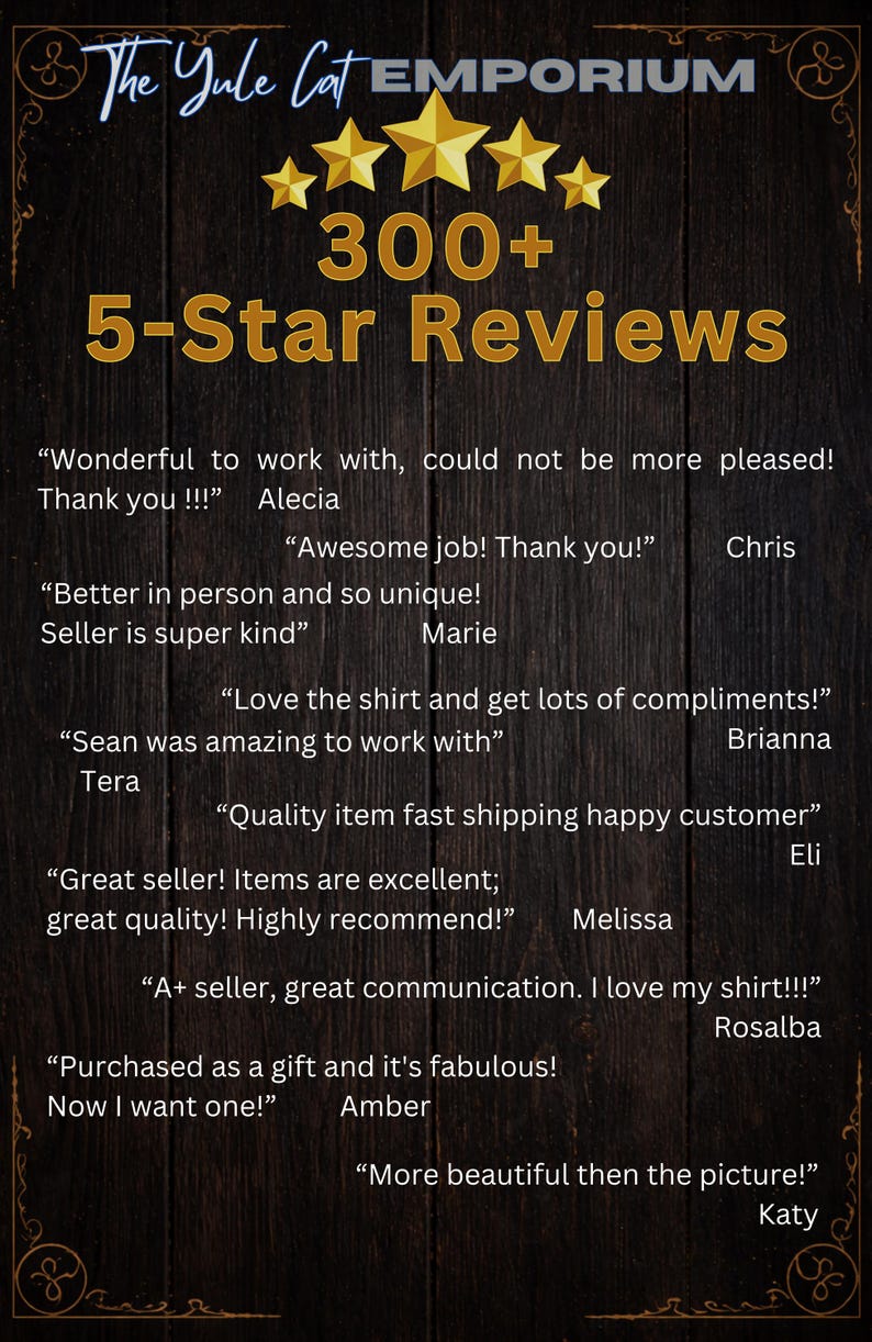 Peut inclure: Image avec le texte "The Yule Cat Emporium", des &eacute;toiles dor&eacute;es et "300+ 5-Star Reviews". Des t&eacute;moignages de clients soulignent la qualit&eacute; et la communication. Fond textur&eacute; en bois fonc&eacute;.