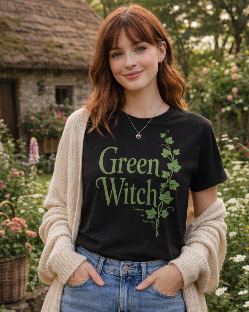 Peut inclure: Un t-shirt noir avec l'inscription "Green Witch" en vert et un motif de vigne verte. L'expression "Rooted in Nature" est en dessous. Le t-shirt est port&eacute; avec un cardigan cr&egrave;me et un jean bleu.