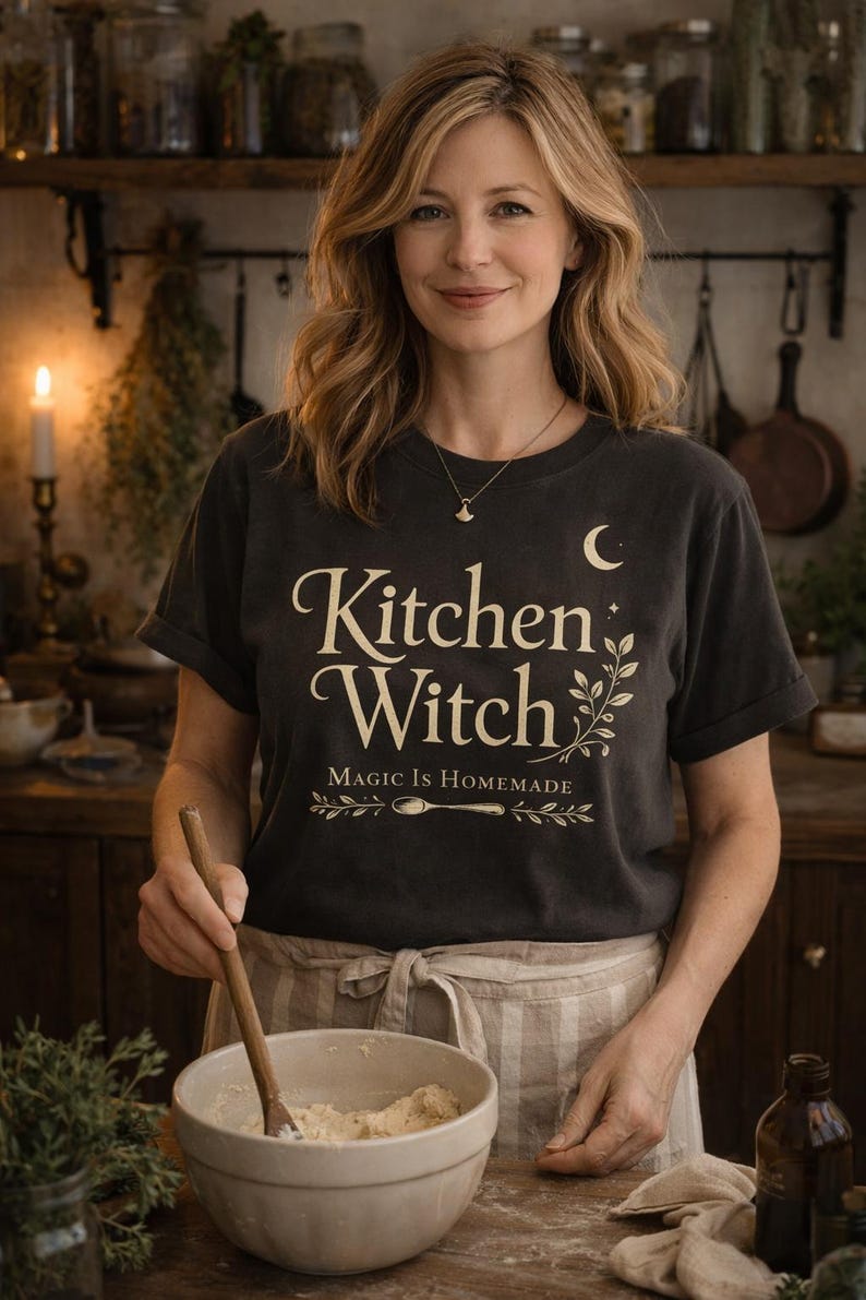 May include: Dark gray t-shirt with the words "Kitchen Witch" in a decorative font, along with the phrase "Magic is Homemade." The shirt features a crescent moon and botanical elements. A woman is wearing the shirt while cooking.