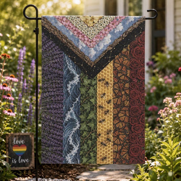 Drapeau de jardin Rainbow Progress Pride, décoration extérieure LGBTQ, drapeau de jardin floral papillon inspiré de la nature 12 x 18