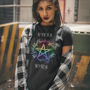 Queer Witch Rainbow Pentacle Pride T-Shirt - Mystical LGBTQ+ Symbol Tee - Queer Pagan Floral Gothic Top