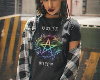 Queer Witch Rainbow Pentacle Pride T-Shirt - Mystical LGBTQ+ Symbol Tee - Queer Pagan Floral Gothic Top