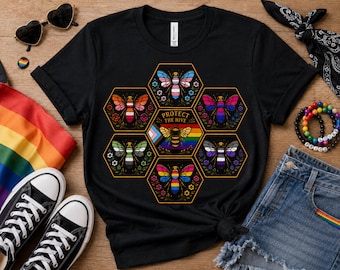 Koszulka „Protect the Hive Pride”, koszulka LGBTQ Bee, koszulka Queer Community, odzież inspirowana naturą, prezent na paradę równości