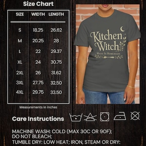 May include: Dark grey unisex t-shirt with the text "Kitchen Witch" and a crescent moon and spoon graphic. The size chart shows measurements in inches, with a width of 18.25 inches for size S, up to 29.75 inches for size 4XL.