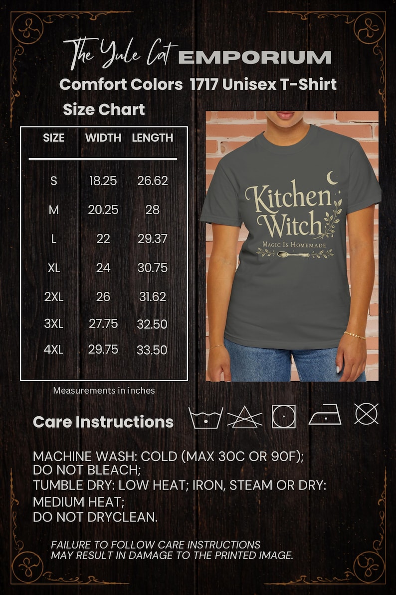 May include: Dark grey unisex t-shirt with the text "Kitchen Witch" and a crescent moon and spoon graphic. The size chart shows measurements in inches, with a width of 18.25 inches for size S, up to 29.75 inches for size 4XL.
