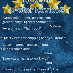 May include: A blue background with gold stars and the text "The Yule Cat EMPORIUM 100+ 5-Star Reviews".  The image also includes customer reviews with names and comments.