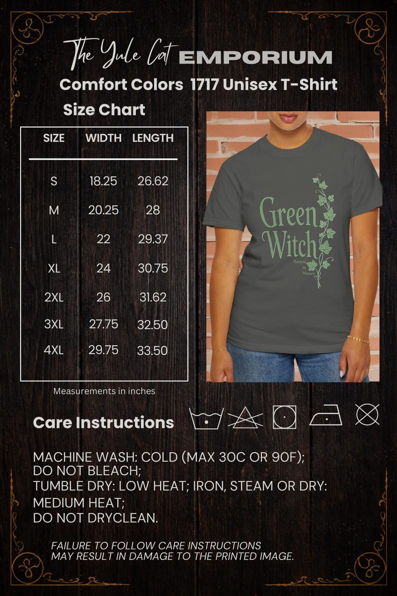 Peut inclure: T-shirt unisexe gris fonc&eacute; avec l'inscription "Green Witch" et un motif botanique. Le t-shirt pr&eacute;sente un tableau des tailles avec des mesures en centim&egrave;tres et des instructions d'entretien. The Yule Cat Emporium.