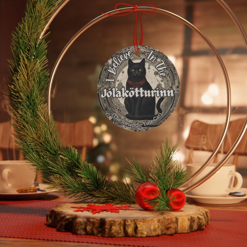 I Believe in the Yule Cat ornament, Whimsigoth Esthetic, Nordic Winter, Icelandic Holiday Decor, Christmas Decor, Metal Jólakötturinn image 2