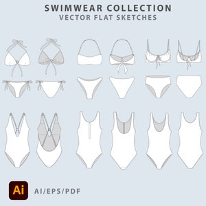 May include: A collection of swimsuit designs, including bikinis, one-piece swimsuits, and tankinis. The designs are shown in a flat, vector style.