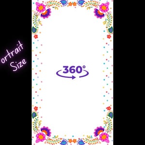 May include: A white background with a colorful floral border. The border is made up of flowers, leaves, and dots. The text "360°" is in the center of the image with a purple arrow pointing to the right.