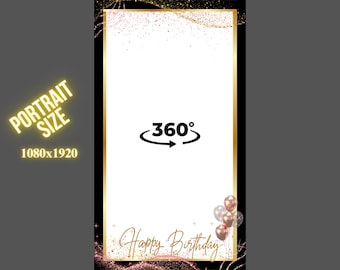 360-graden photobooth-overlay, goud, rosézwart happy birthday-overlay, photobooth-verjaardagssjabloon, videobooth-overlay. Staand-overlay 360