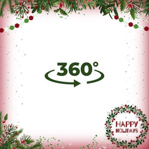 May include: A pink background with a green 360 degree symbol and an arrow pointing to the right. The background is decorated with a green garland with red and white berries. A green wreath with red berries and the text "Happy Holidays" is in the bottom right corner.