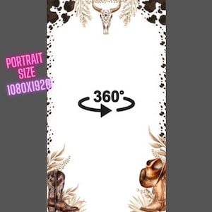 Może przedstawiać: Pionowy wzór z białym tłem, z brązową i białą obwódką z wzorem skóry krowy. Na górze znajduje się czaszka byka i kwiatowe akcenty. Buty kowbojskie i kapelusz na dole. Tekst "PORTRAIT SIZE 1080X1920" jest w kolorze różowym.