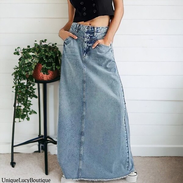 Long Denim Skirt - Etsy