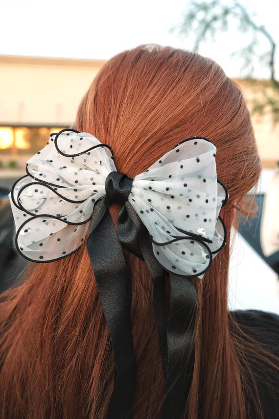 Polka Dot Sheer Bow Hair Clip – Black & White - Etsy display picture 3