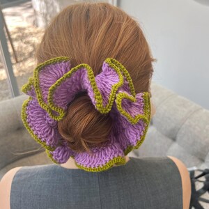Handmade Crochet Hair Scrunchie: Lavender Purple Ruffle with Green Edging