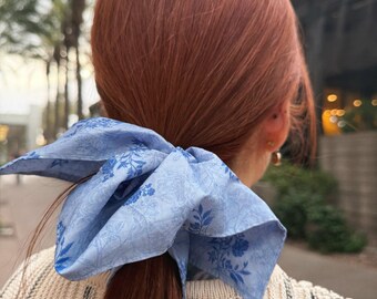 Blue Floral Bow Scrunchie: Vintage Cotton Hair Tie