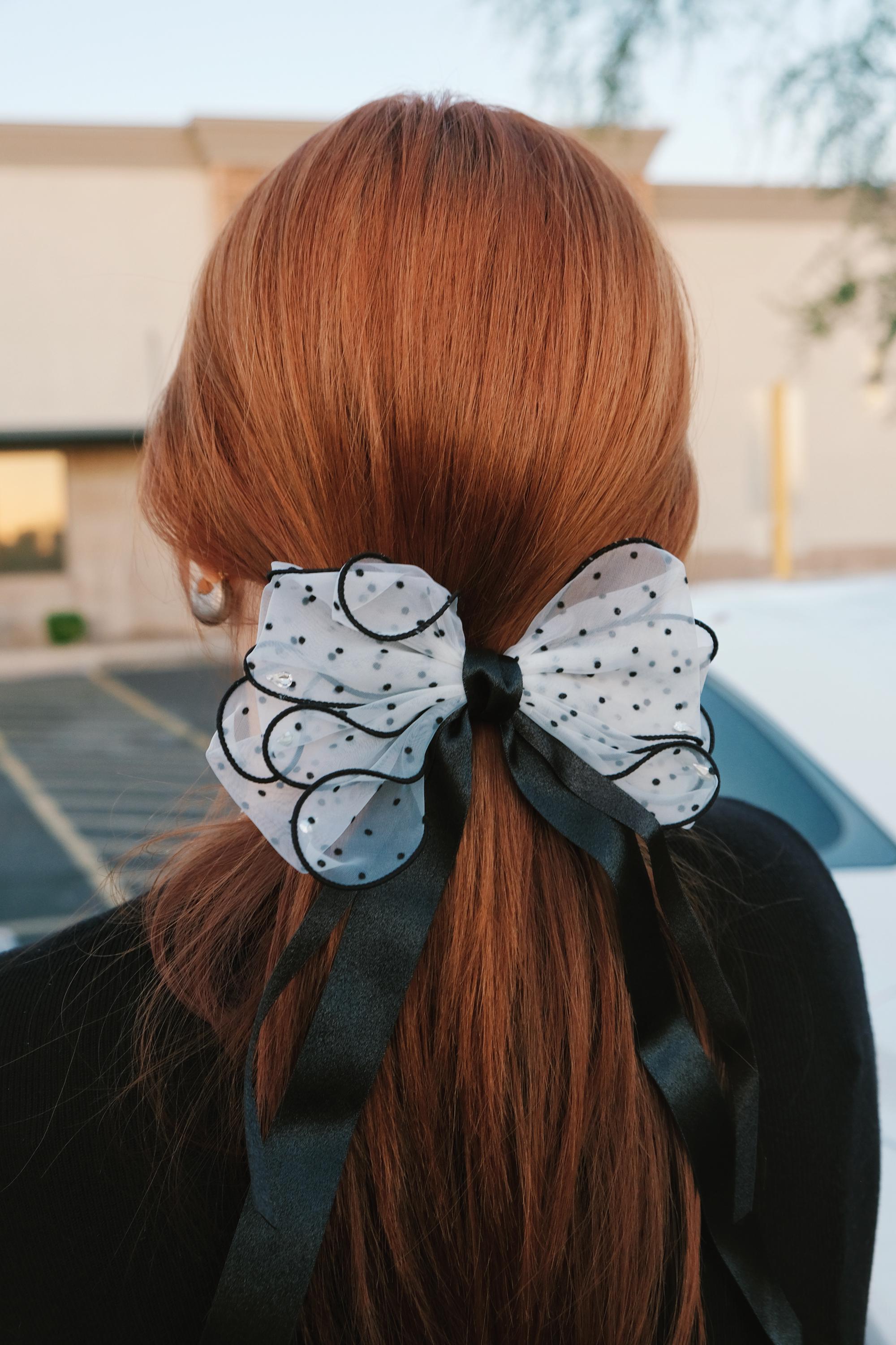 Long Sheer Black Inez Chiffon Layered Ribbon Polka Dot Bow Hair Clip Polka Dot Sheer Bow Hair Clip – Black & White - Etsy main image 4