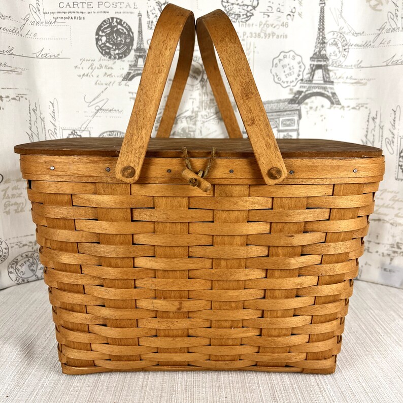 Longaberger 1993 Large Picnic Basket With Leather Hinged Lid Etsy