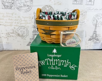 Longaberger 1999 Tree Trimming Collection Peppermint Basket with Liner, and Tie-On