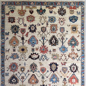 Tapis Oushak turc 9 x 12 pi, motifs orientaux colorés, fond beige, 90 nœuds KPSI, carpette afghane, tapis de salon, tapis de chambre à coucher