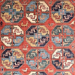Tapis Oushak turc rouge de 9x12 pieds, design filpay turkmène coloré, couleurs vintage, poils hirsutes, tapis de zone afghane, tapis de salon, tapis de chambre à coucher