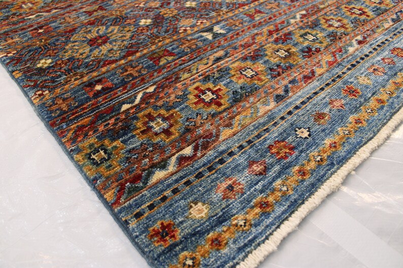 6x8 Ft Colorful Blue Tribal Rug, Khorjin Rug, Parallel Patterns ...