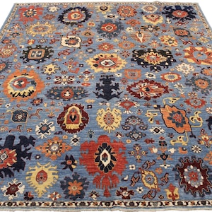 Alfombra de diseño persa oriental de 8 x 10 pies - Alfombra de lana teñida con vegetales de color azul - Alfombra afgana anudada a mano - Alfombra para dormitorio - Alfombra para sala de estar - Alfombra para mesa de comedor