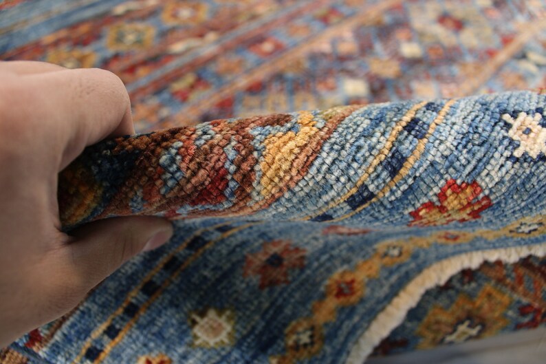 6x8 Ft Colorful Blue Tribal Rug, Khorjin Rug, Parallel Patterns ...
