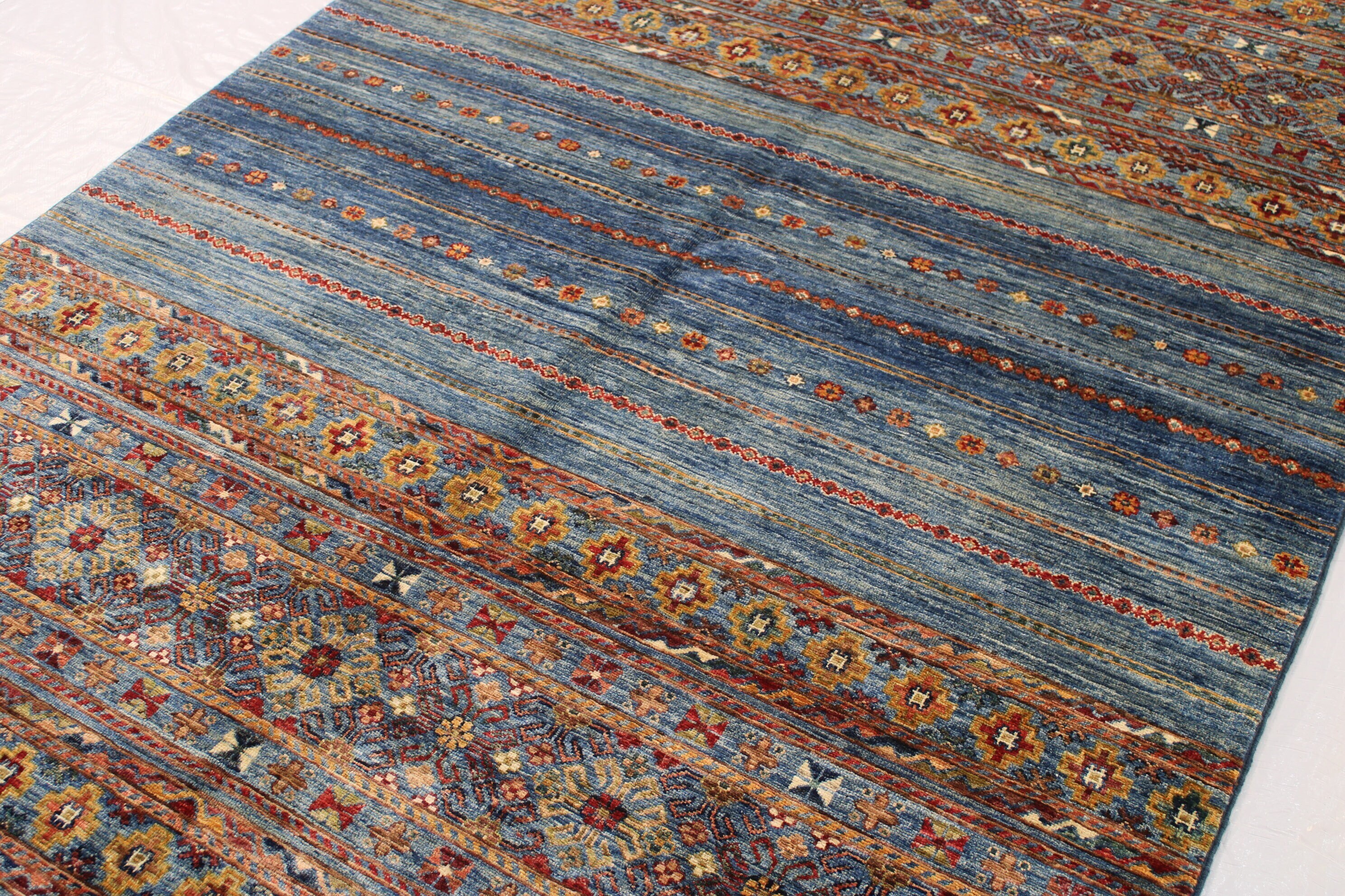 6x8 Ft Colorful Blue Tribal Rug, Khorjin Rug, Parallel Patterns ...