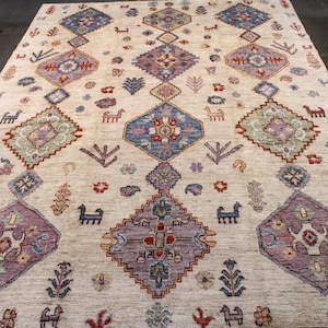 Tapis Oushak turc 9 x 12 pi, motifs orientaux colorés, fond beige, 90 nœuds KPSI, carpette afghane, tapis de salon, tapis de chambre à coucher