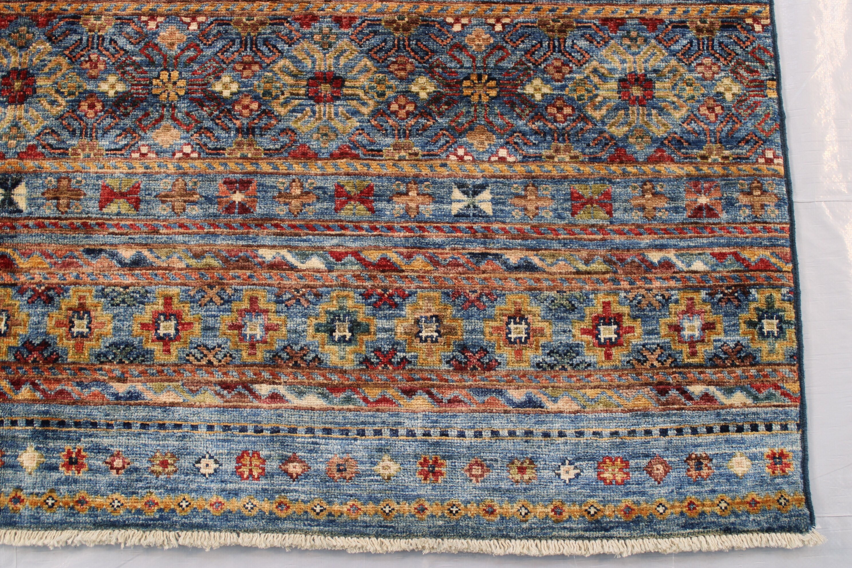 6x8 Ft Colorful Blue Tribal Rug, Khorjin Rug, Parallel Patterns ...