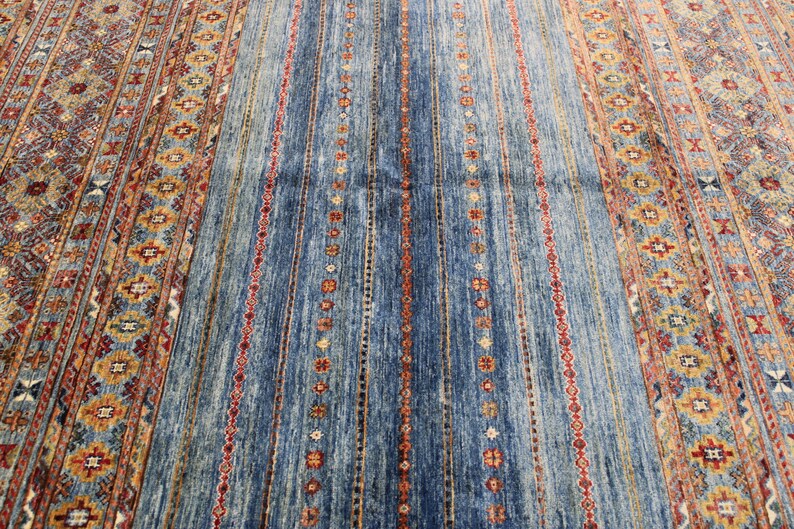 6x8 Ft Colorful Blue Tribal Rug, Khorjin Rug, Parallel Patterns ...