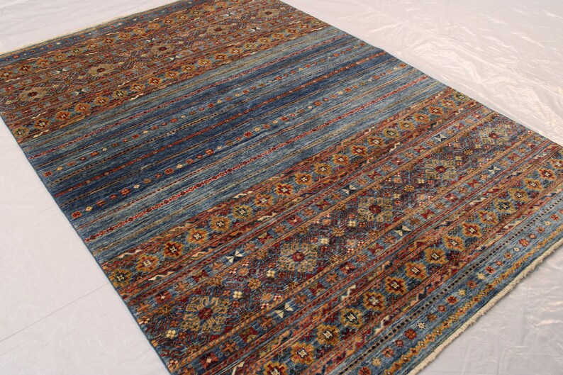 6x8 Ft Colorful Blue Tribal Rug, Khorjin Rug, Parallel Patterns ...