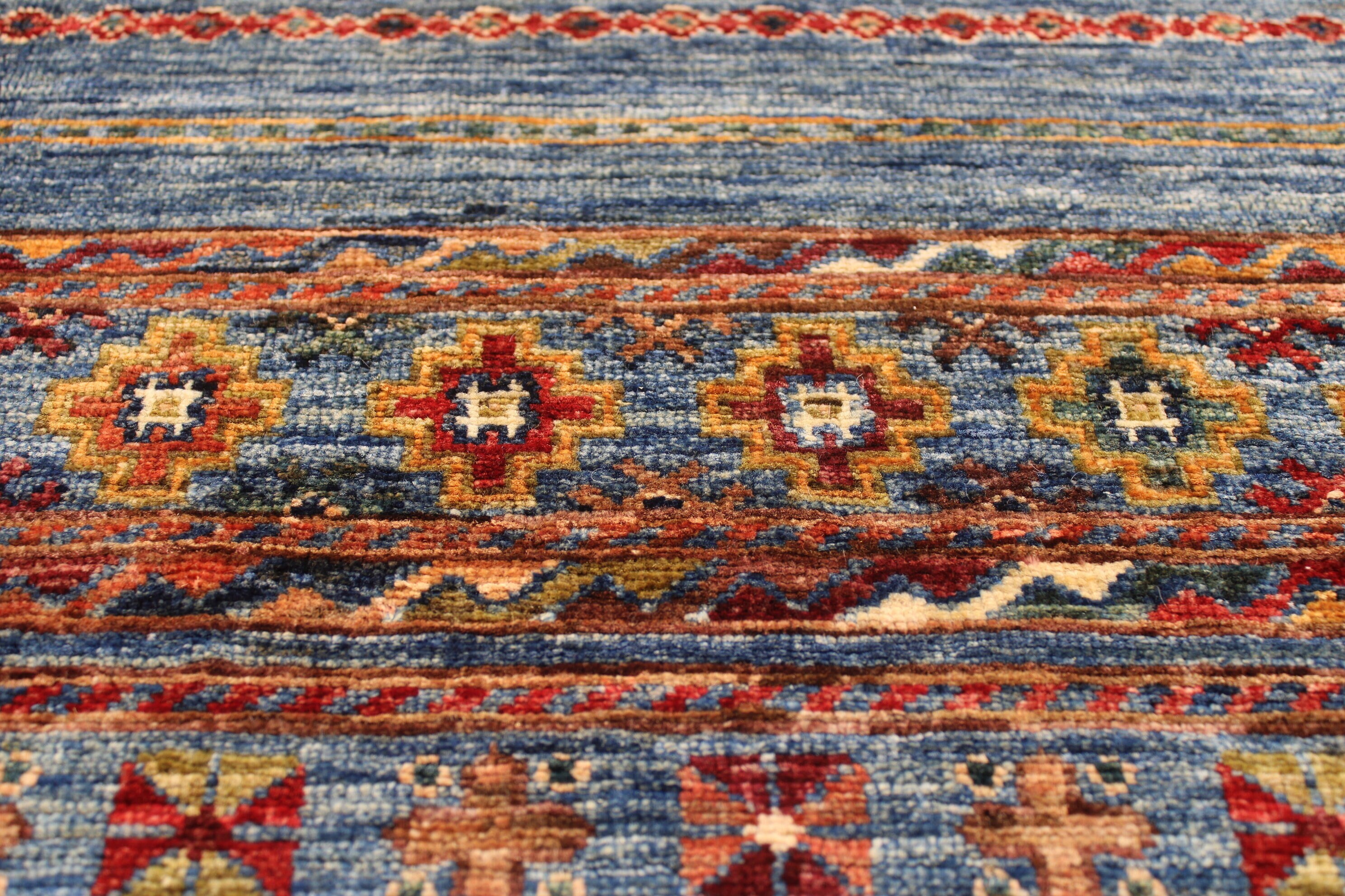6x8 Ft Colorful Blue Tribal Rug, Khorjin Rug, Parallel Patterns ...
