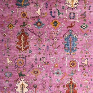 Tapis Oushak rose 8 x 10 pi, tapis afghan noué à la main, couleurs contemporaines, tapis de salon, tapis de salle à manger, tapis tribal rose