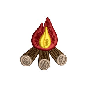 Puede incluir: Parche bordado con un diseño de fogata. Las llamas son rojas y amarillas, sobre tres troncos marrones. El parche es adecuado para coser o planchar sobre tela, ideal para entusiastas del aire libre.